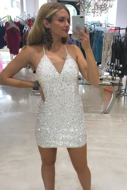 Sparkle White Sequins Short Homecoming Dress sold by KissProm