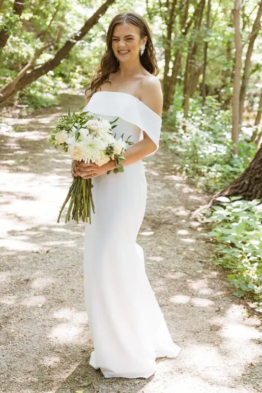 Mermaid White Off-the-Shoulder Chiffon Long Wedding Dress sold by KissProm