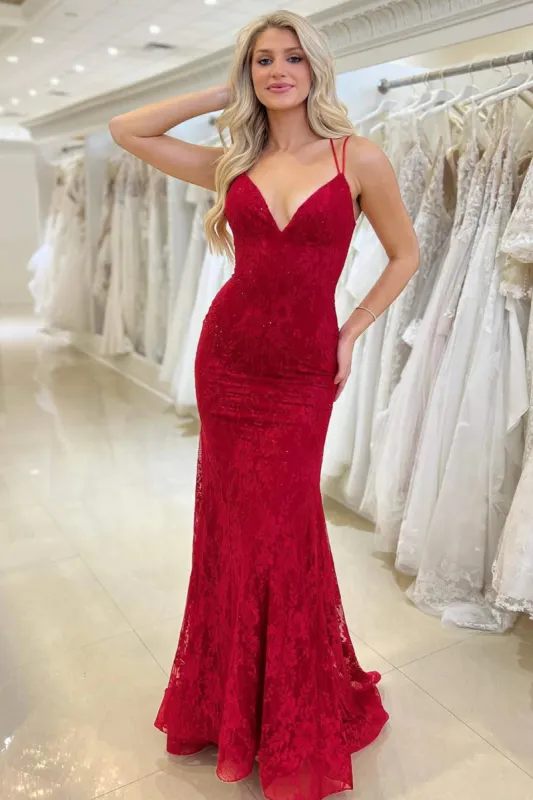 Red Lace V Neck Mermaid Prom Dress sold by KissProm