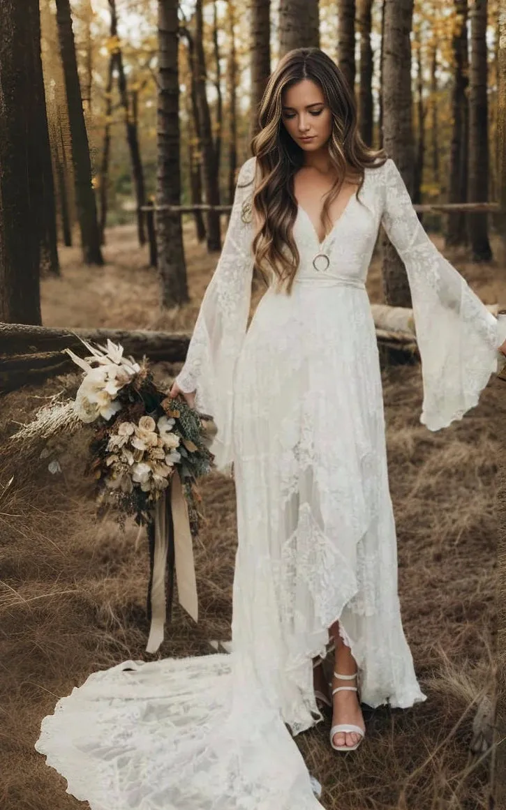 Tiffania | Simple Casual Long Sleeves Boho Lace Wedding Dress With Sweep Train sold by KissProm