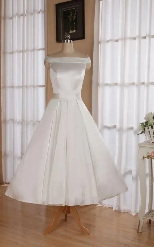 Sleeveless Tea-Length Satin Wedding Dress With Sash And Off-The-Shoulder Neck sold by KissProm
