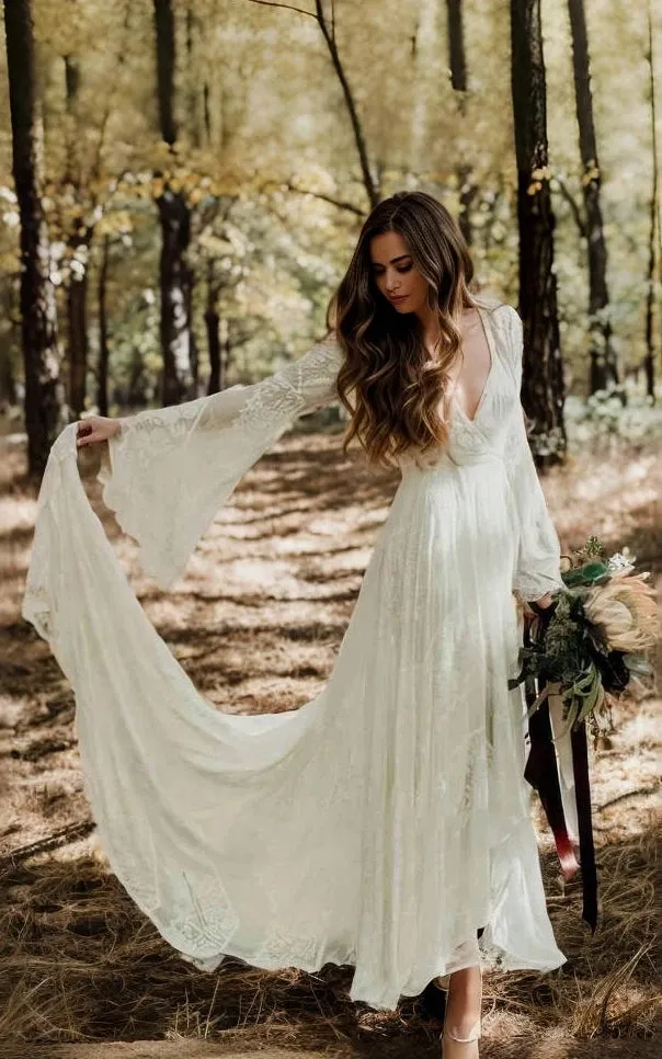 Tiffania | Simple Casual Long Sleeves Boho Lace Wedding Dress With Sweep Train sold by KissProm product image thumbnail 2