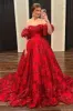 Red Floral Lace Strapless Ball Gown with Puff Sleeves sold by KissProm