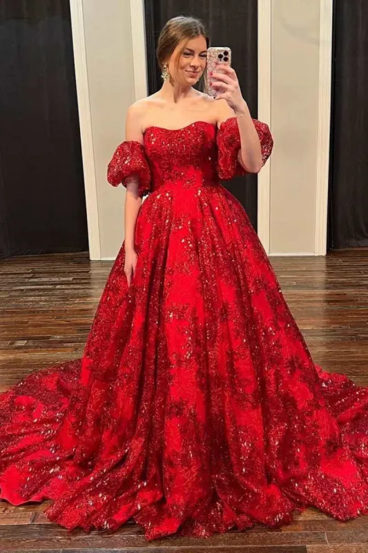 Red Floral Lace Strapless Ball Gown with Puff Sleeves sold by KissProm