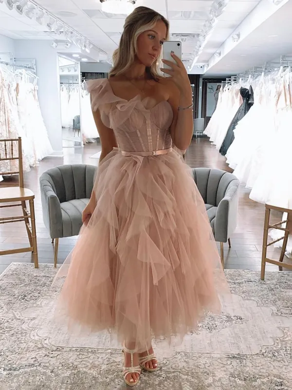Addie | One Shoulder Blush Tulle A Line Long Prom Dress sold by KissProm