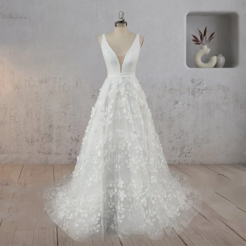 A Line White Tulle Lace Sleeveless Flowers Wedding Dresses sold by KissProm