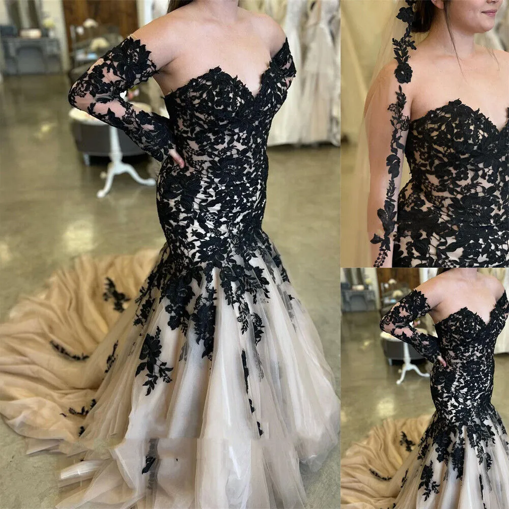Mermaid Black Champagne Wedding Dresses Lace Strapless Sweep Train sold by KissProm product image thumbnail 4