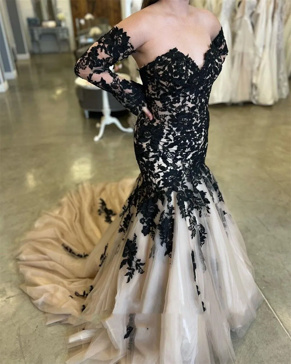 Mermaid Black Champagne Wedding Dresses Lace Strapless Sweep Train sold by KissProm