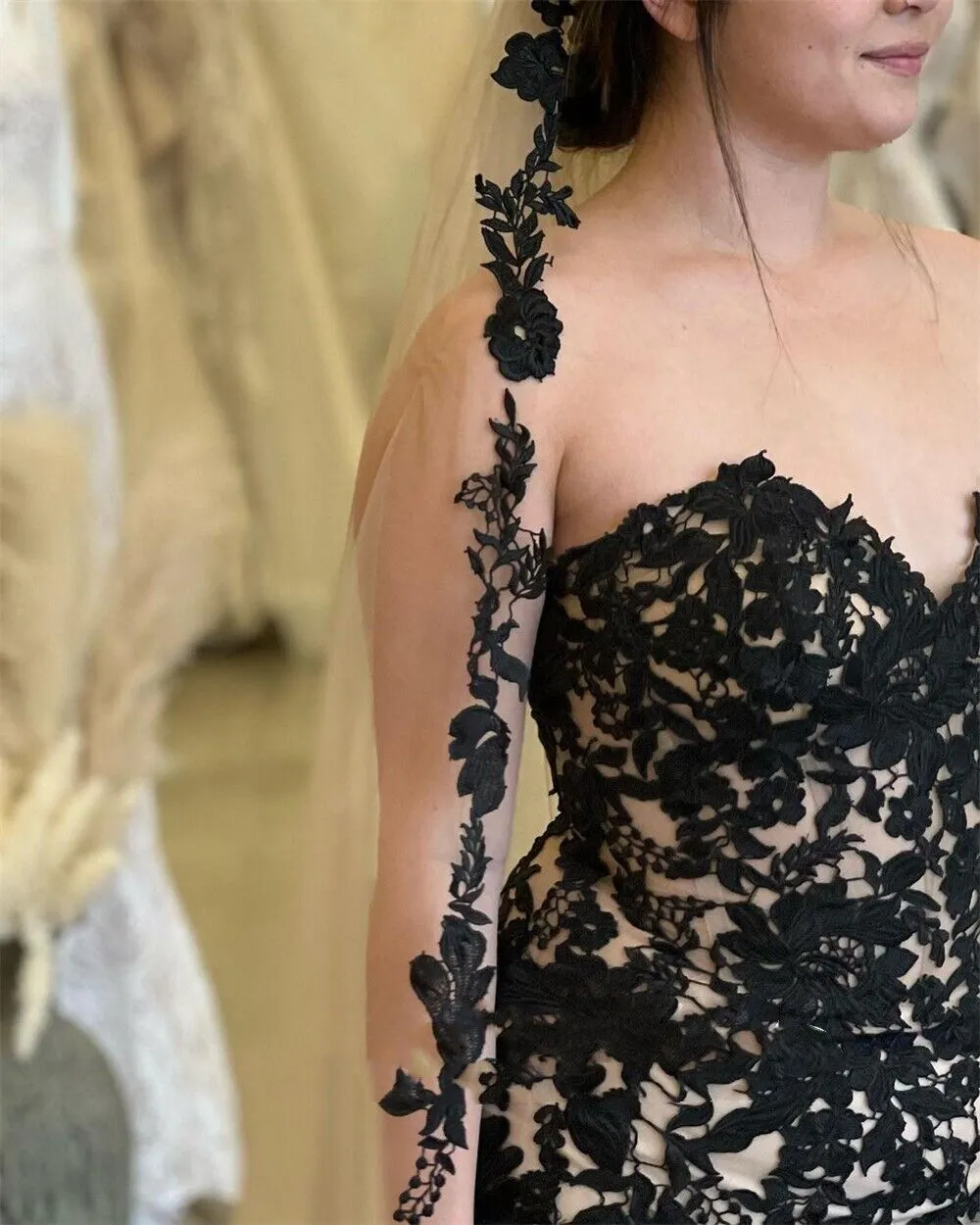 Mermaid Black Champagne Wedding Dresses Lace Strapless Sweep Train sold by KissProm product image thumbnail 2