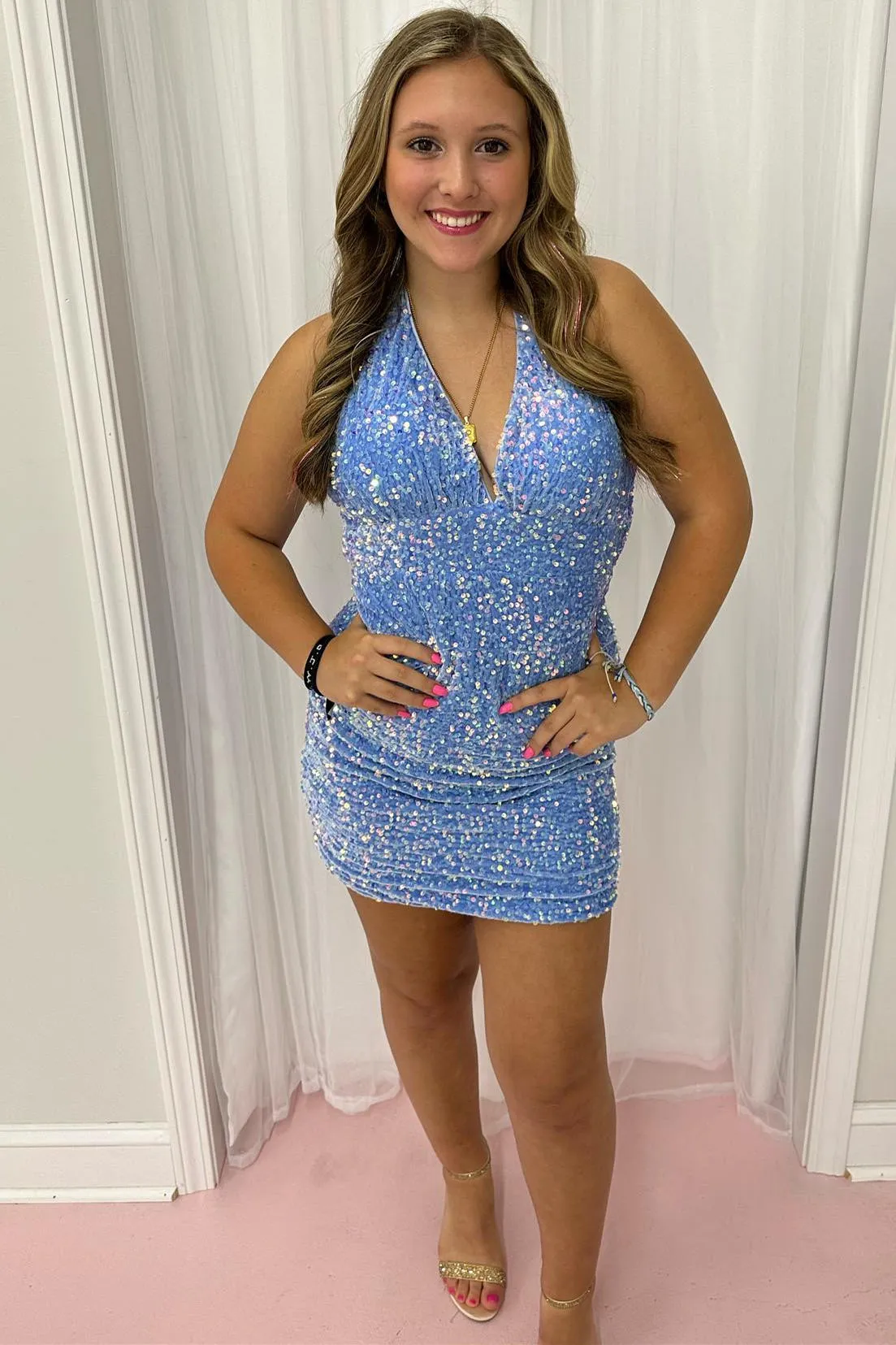 Halter Light Blue Sequin Bodycon Homecoming Dress sold by KissProm