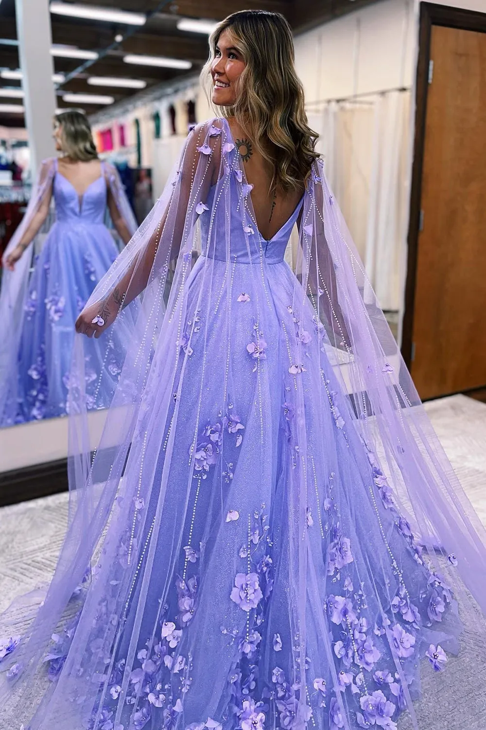 Lavender 3D Floral Lace A-Line Prom Dress with Cape Sleeves sold by KissProm product image thumbnail 2