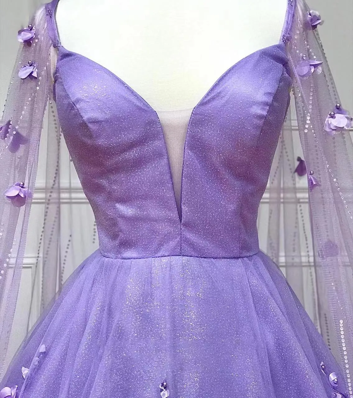 Lavender 3D Floral Lace A-Line Prom Dress with Cape Sleeves sold by KissProm product image thumbnail 5