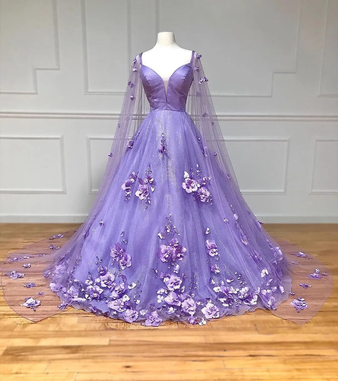 Lavender 3D Floral Lace A-Line Prom Dress with Cape Sleeves sold by KissProm product image thumbnail 3