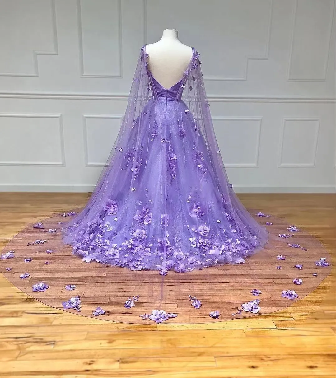 Lavender 3D Floral Lace A-Line Prom Dress with Cape Sleeves sold by KissProm product image thumbnail 4