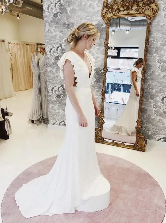 Mermaid V-Neck Cap Sleeves Backless Wedding Dress with Ruffles sold by KissProm product image thumbnail 3