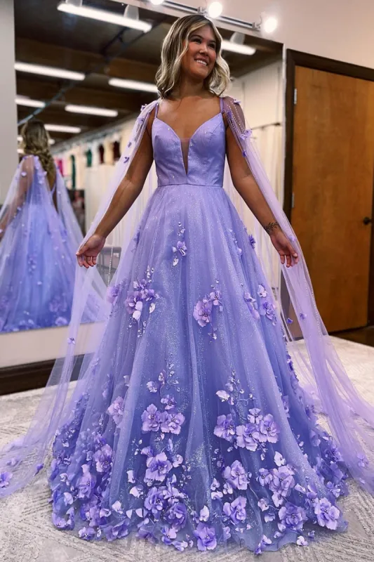 Lavender 3D Floral Lace A-Line Prom Dress with Cape Sleeves sold by KissProm