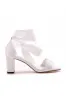 Ivory Satin Tied Open Toe Ankle Strap Chunky Heel Sandals sold by KissProm