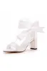 Ivory Satin Tied Open Toe Ankle Strap Chunky Heel Sandals sold by KissProm