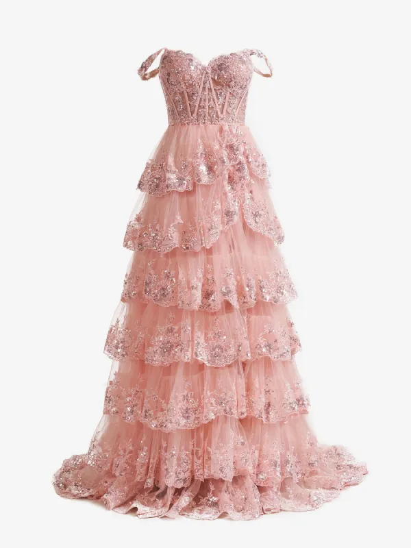 Capri | Pink Crystal Sequins Princess A Line Off the Shoulder Prom Dress with Lace Ruffles sold by KissProm
