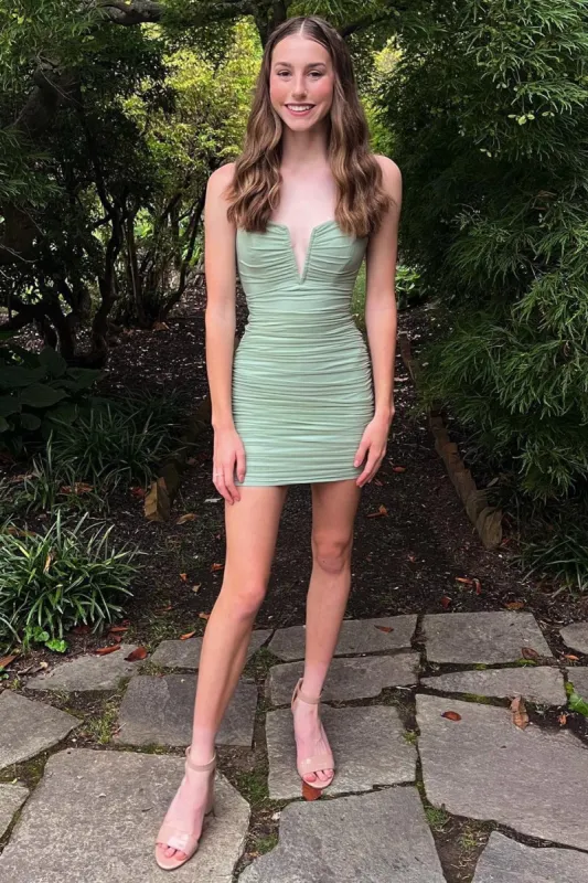 Bertha | Sage Green Notched Ruched Mini Homecoming Dress sold by KissProm