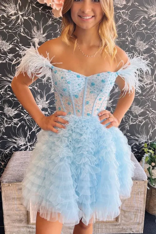 Olivia | A Line Off the Shoulder Light Blue Short Homecoming Dress with Feather sold by KissProm