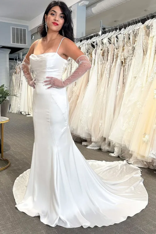 Mermaid White Cowl Neck Silk Satin Wedding Dresses sold by KissProm
