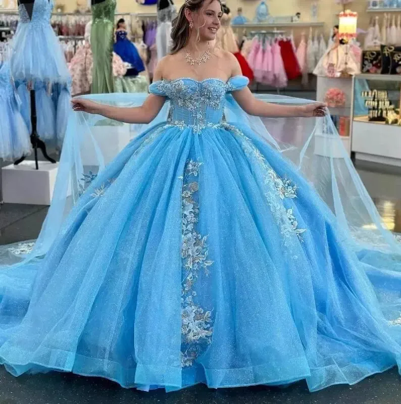 Ball-Gown Sky Blue Appliques Quinceanera Dresses with Cape sold by KissProm