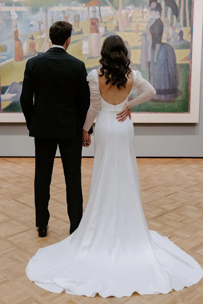 Mermaid Square Neck Long Sleeves White Satin Wedding Dresses sold by KissProm product image thumbnail 2