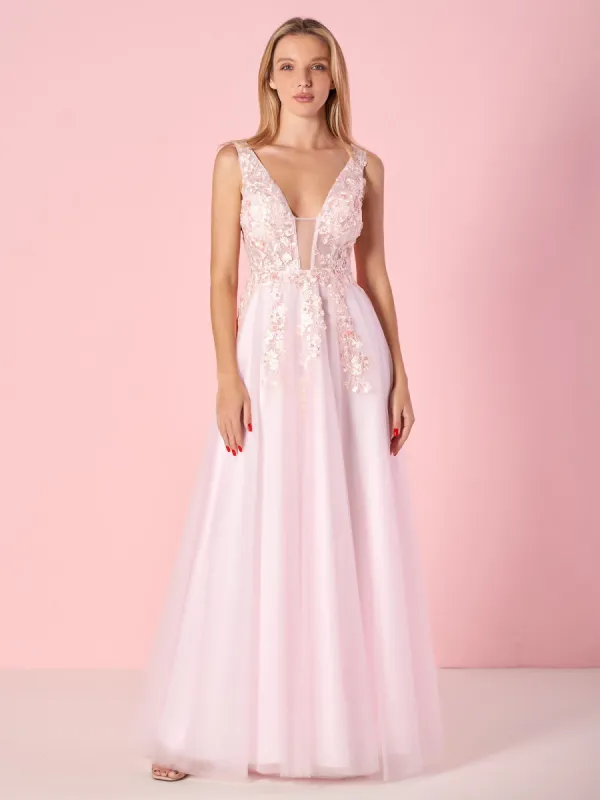Elegant A-line V-Neck Tulle Floor-Length Prom Dress with Lace Appliques sold by KissProm