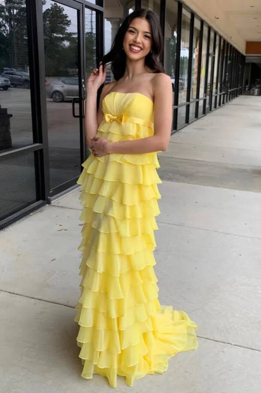 Strapless High-Waist Ruffle Tiered Long Prom Dress with Bow sold by KissProm