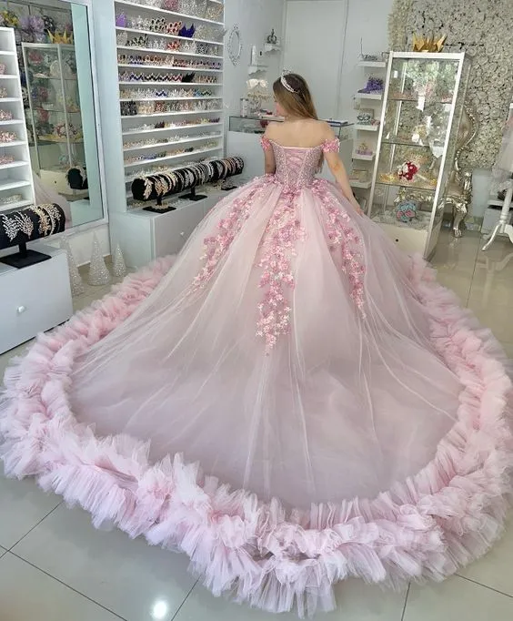 Pink Off-the-Shoulder Lace-Up Back Quinceanera Dress Ball Gown sold by KissProm product image thumbnail 2