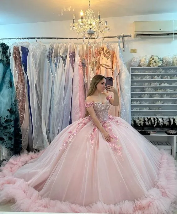 Pink Off-the-Shoulder Lace-Up Back Quinceanera Dress Ball Gown sold by KissProm