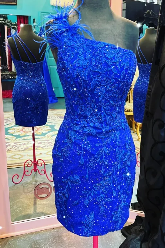 Zella | Glitter Royal Blue One Shoulder Lace Short Homecoming Dresses with Feather sold by KissProm