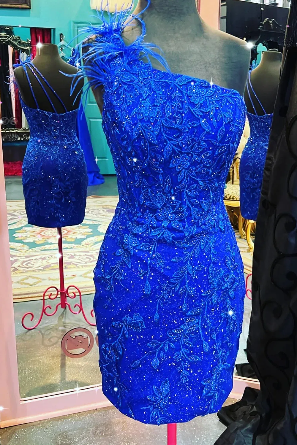 Zella | Glitter Royal Blue One Shoulder Lace Short Homecoming Dresses with Feather sold by KissProm