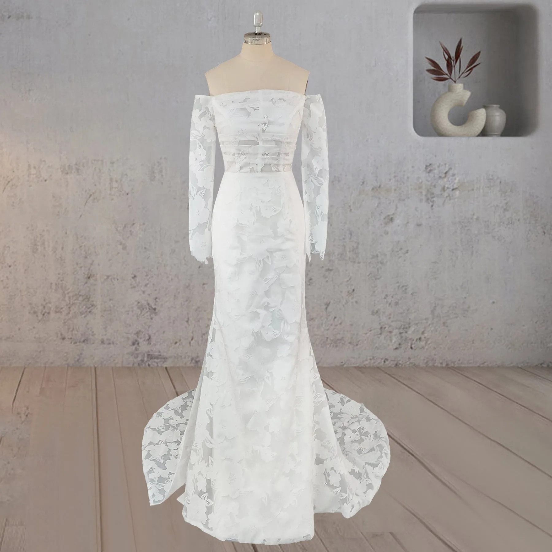 Margarita | Mermaid Off the Shoulder Long Sleeves Wedding Dress with Slit sold by KissProm