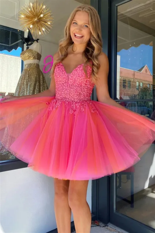 Ensley | Hot Pink V Neck Straps Appliques Tulle Homecoming Dress sold by KissProm