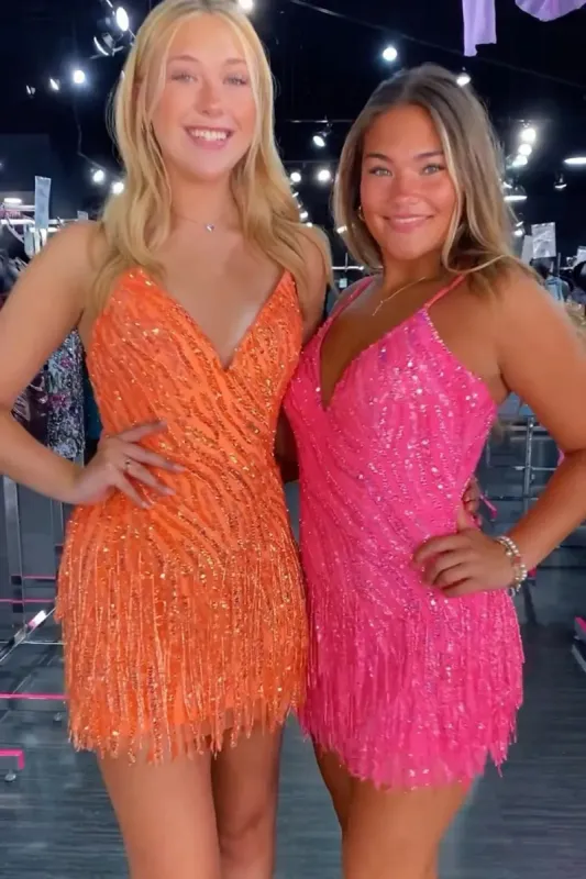 Salona | Sparkly V Neck Fuchsia Sequins Short Tight Homecoming Dresses sold by KissProm