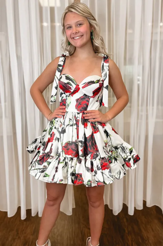 Sarrota | Cute A-Line Sweetheart Floral Printed Satin Short Homecoming Dresses with Bow sold by KissProm
