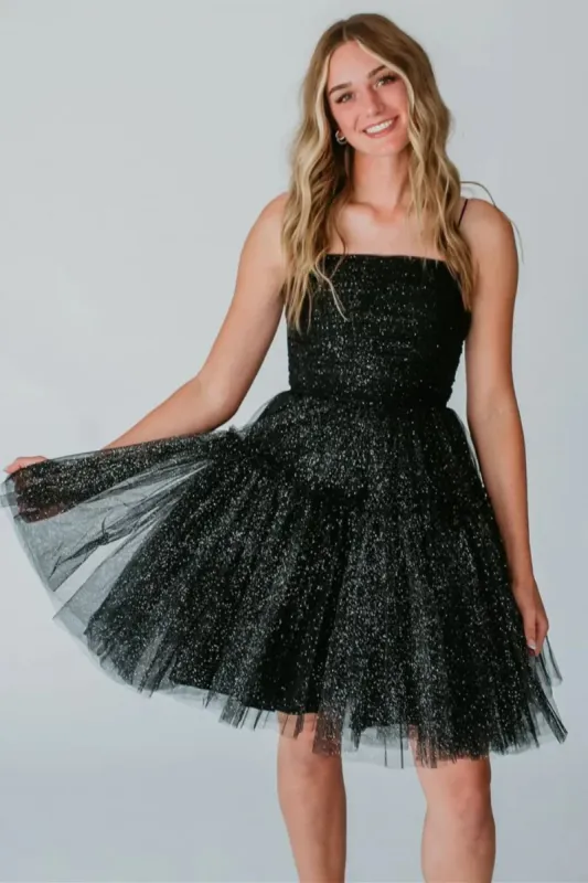 Posey | Glitter A-Line Spaghetti Straps Black Tulle Homecoming Dresses sold by KissProm