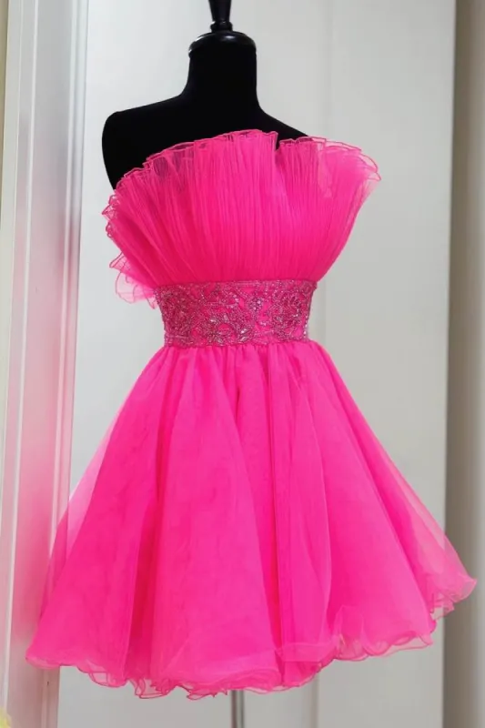 Malinda | Hot Pink Strapless A-line Tulle Homecoming Dress sold by KissProm