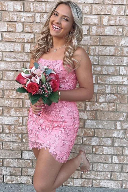 Pink Strapless Applique Mini Party Dress sold by KissProm