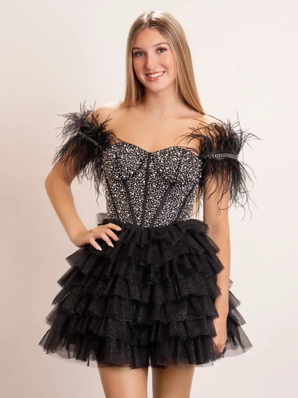 A Line Off the Shoulder Beaded Homecoming Dress with Feathers sold by KissProm