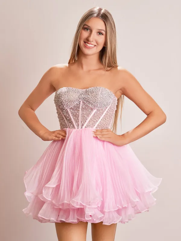 Briena | A-Line Pink Sweetheart Ruffled Short Homecoming Dress sold by KissProm