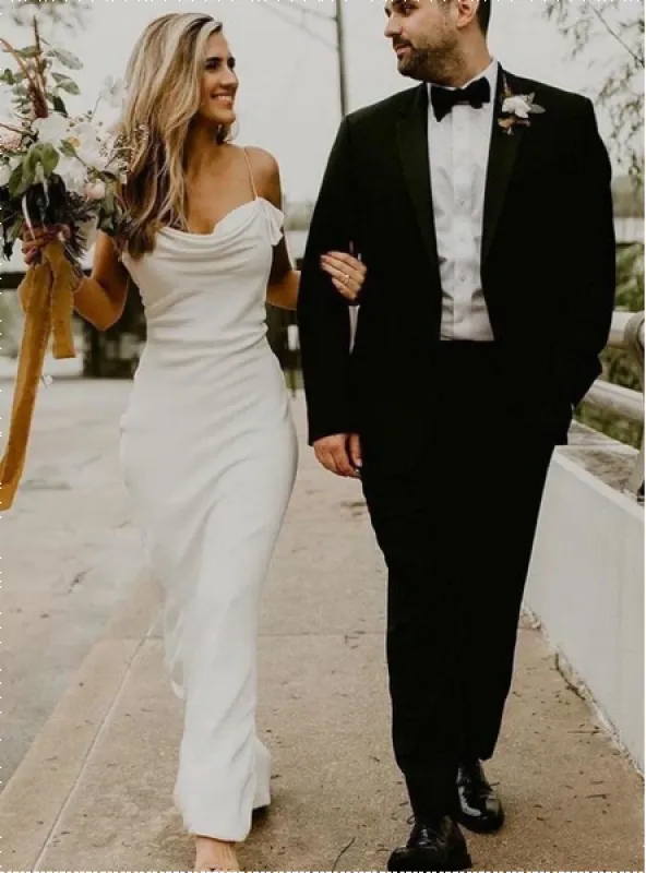 White Spaghetti Straps Long Sheath Satin Wedding Dresses sold by KissProm