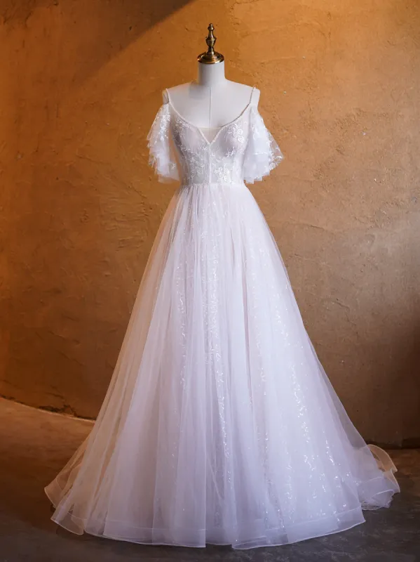 A-line V-neck Pearl Embellished Tulle Lace Floor Length Prom Dresses sold by KissProm