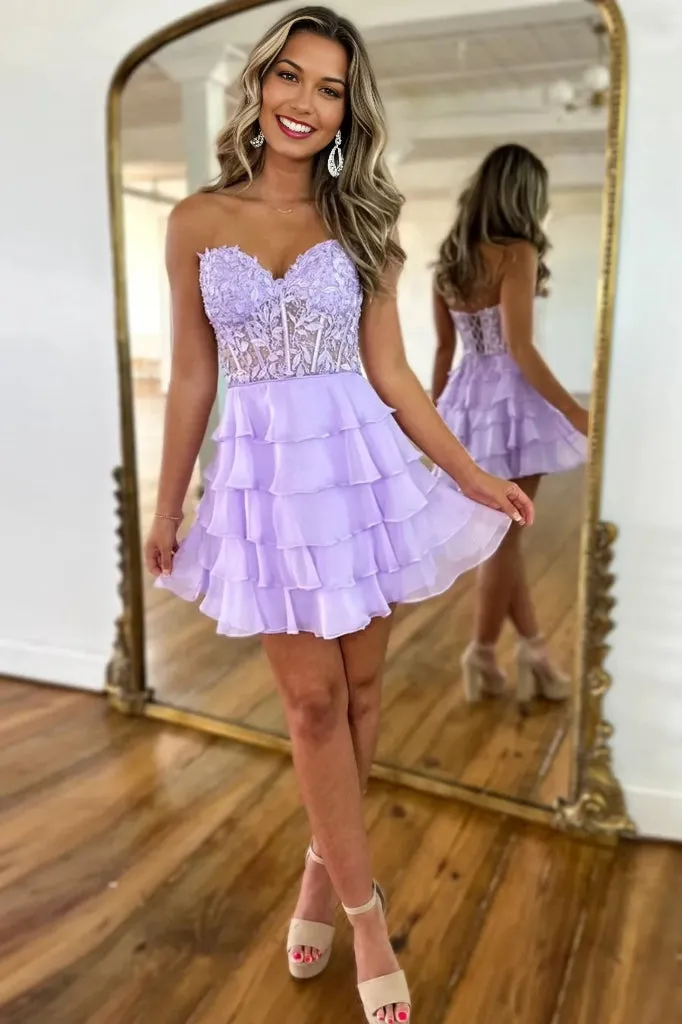 A-Line Strapless Tiered Corset Short Homecoming Dress with Appliques sold by KissProm