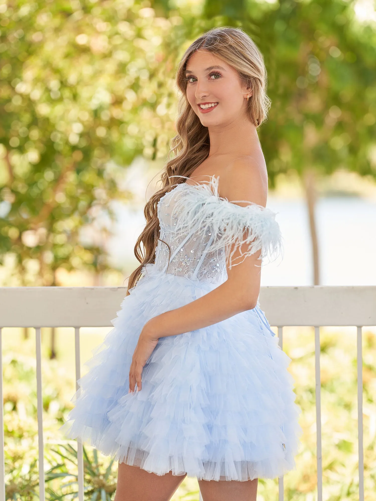 A Line Off the Shoulder Sky Blue Homecoming Dress with Feather sold by KissProm product image thumbnail 4