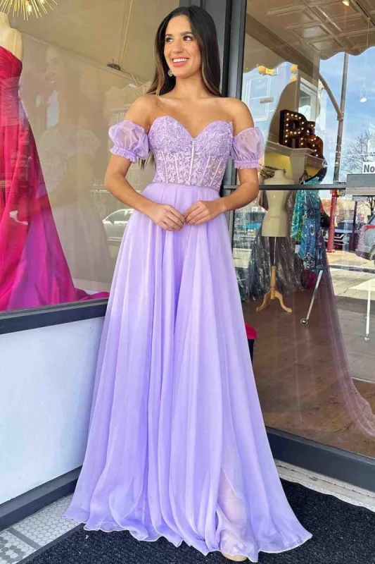 Off-Shoulder A-line Chiffon Applique Lace-Up Long Prom Dress sold by KissProm