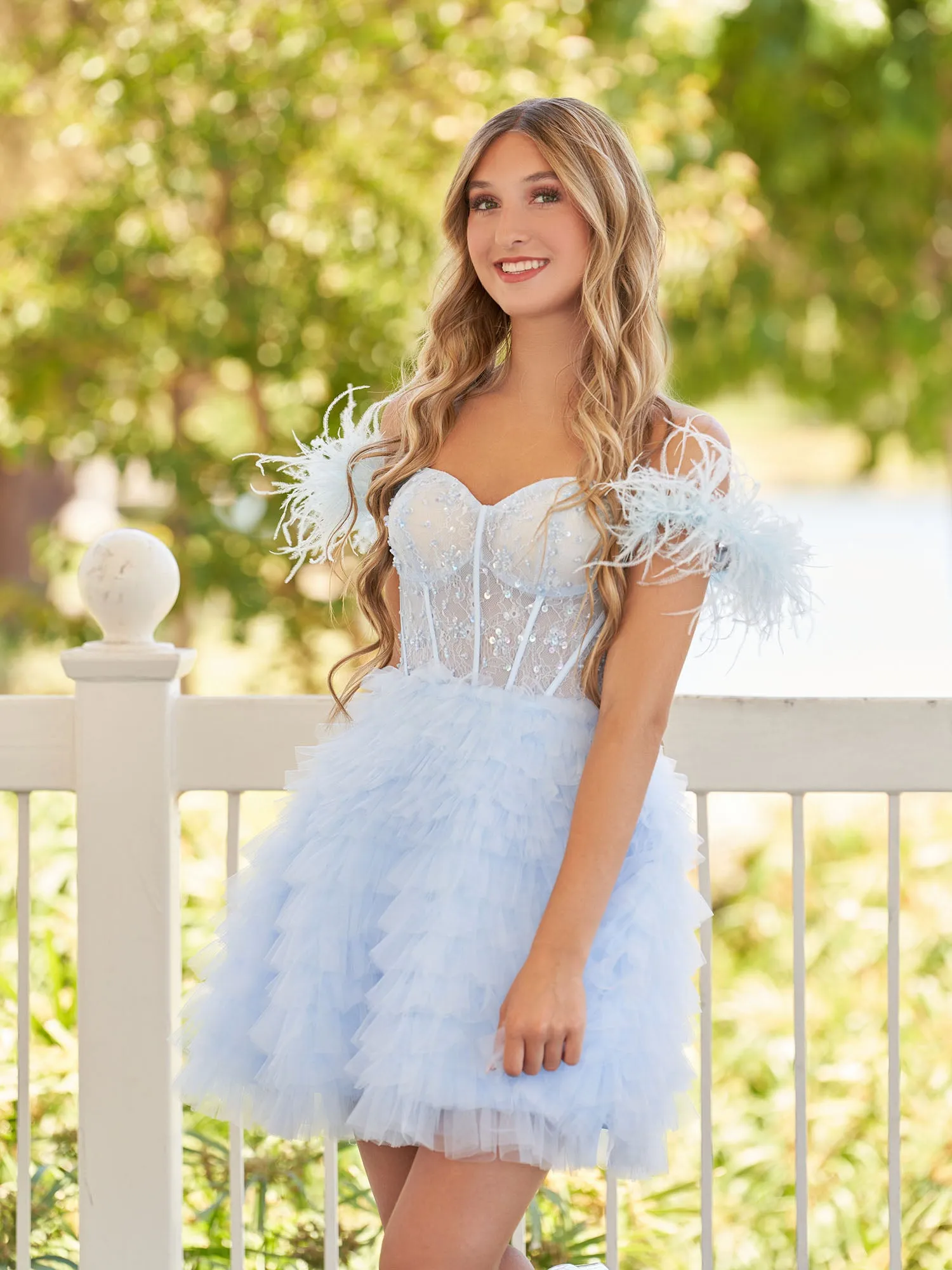 A Line Off the Shoulder Sky Blue Homecoming Dress with Feather sold by KissProm product image thumbnail 5