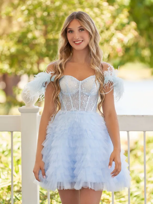 Olivia | A Line Off the Shoulder Sky Blue Homecoming Dress with Feather sold by KissProm
